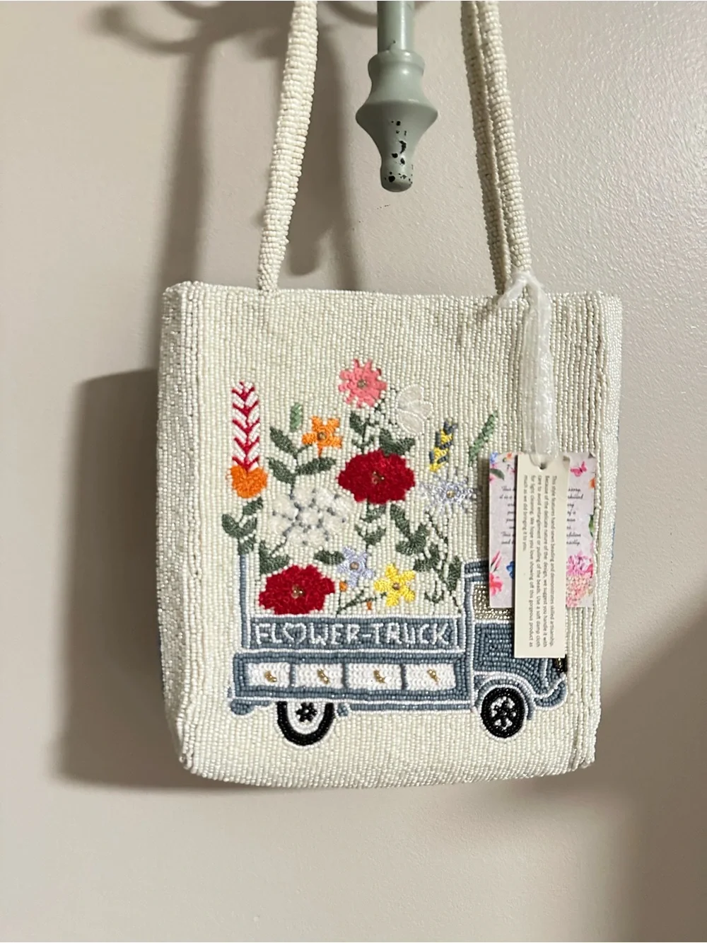 Beaded Floral Truck Tote Bag - Cream